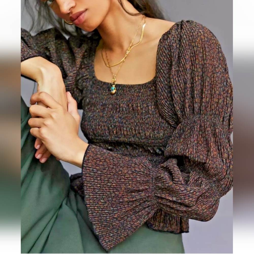 Anthropologie Brown Shimmery Smocked Square-Neck Long Sleeve Top